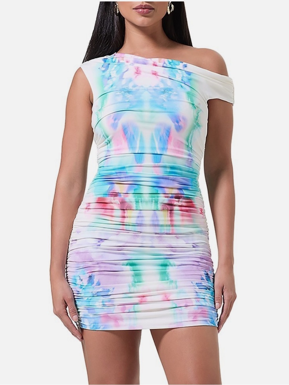 AFRM Dara Asymmetrical Bodycon Tie-Dye Cowl Ruched Sleeveless Mini Dress